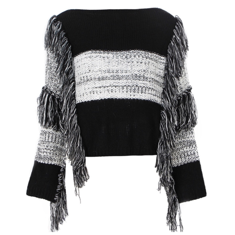 Patchwork Long Fringe Black & Gray Sweater - Picture 7 of 9